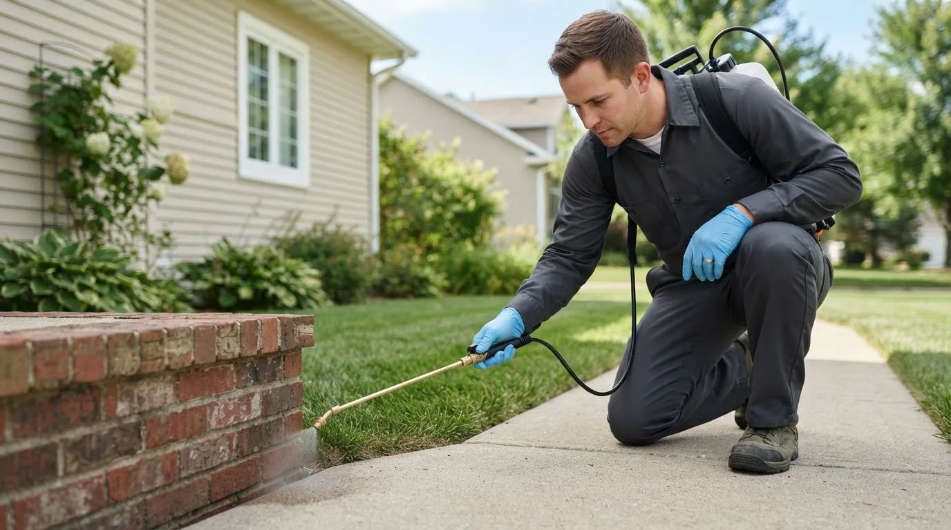 Pest control technician treating a home near Manlius, NY